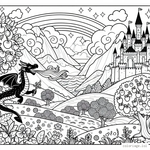 Imagine un merveilleux paysage de montagne avec un château enchanté, des arbres fruitiers en fleurs, un arc-en-ciel, un dragon bienveillant qui souffle des flammes colorées et un chevalier courageux tenant un bouclier et une épée lumineuse.