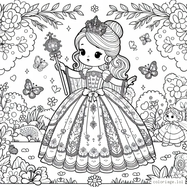 Une petite princesse vêtue d'une belle robe, dans un jardin enchanteur plein de fleurs, de papillons et d'animaux enchantés, tenant un sceptre magique dans la main