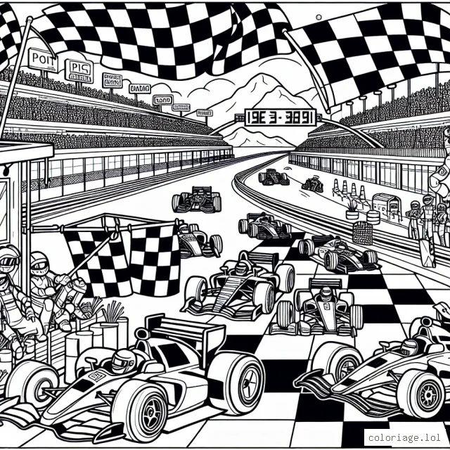 Imagine un dessin de plusieurs voitures de courses de différentes formes et tailles, sur une piste de course animée, avec des drapeaux à damiers, des panneaux publicitaires et un public enthousiaste. Il y a aussi un pit stop avec des équipes de mécaniciens qui se préparent pour les pit stop. Chaque voiture a des numéros et des décorations uniques dessus.