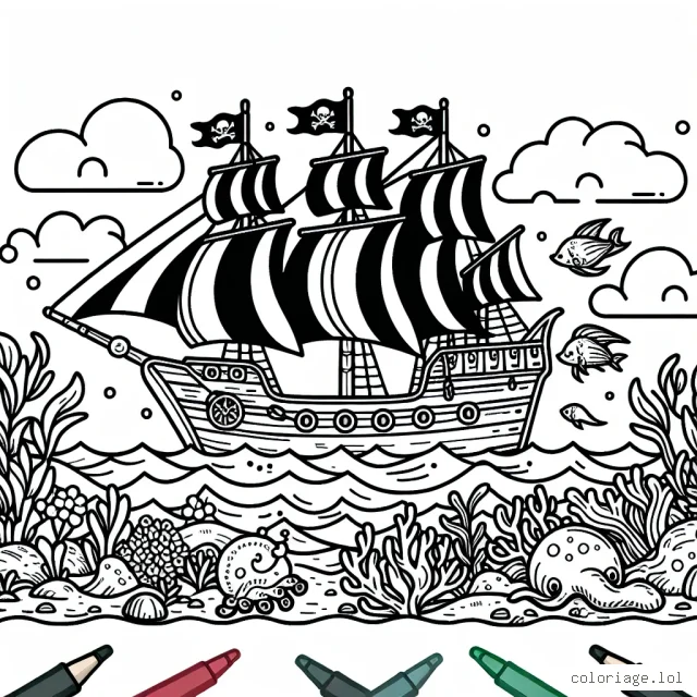 Dessine un bateau pirate naviguant dans l'ocean avec un trésor et des créatures marines