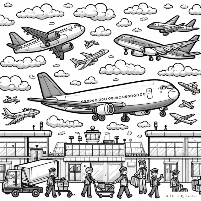 Imaginez un ciel bleu clair parsemé de nuages doux et nous avons trois types d'avions - un avion de ligne, un avion de chasse et un avion de cargo en plein vol! Sous les avions, dessinez un aéroport animé avec plus d'avions, un contrôleur aérien, une piste d'atterrissage et des bâtiments d'aéroport. Il y a aussi des employés de l'aéroport qui déchargent les bagages de l'avion de cargo. Assurez-vous de capturer tous les détails!