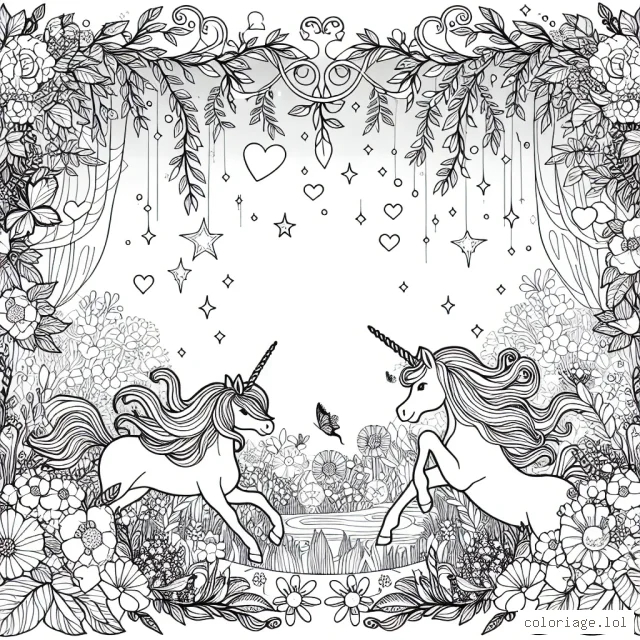 Dessine une scène fantastique avec des licornes et des fées dans un jardin enchanté rempli de fleurs incroyables
