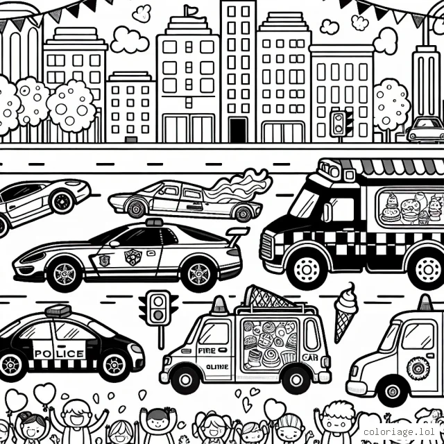 Une parade de voitures colorées traverse une ville animée. Il y a une voiture de course rapide, une limousine luxueuse, un camion de pompier, une fourgonnette de glaces et une voiture de police. Chaque voiture est dessinée avec des détails uniques pour que l'enfant puisse les colorier. Il y a aussi des bâtiments de la ville, des arbres, des feux de circulation et des gens qui applaudissent en arrière-plan.