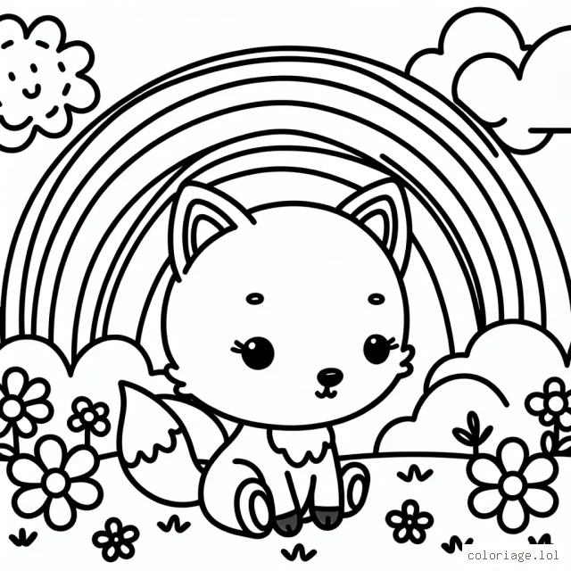 Un petit renard sous un arc-en-ciel avec des fleurs autour