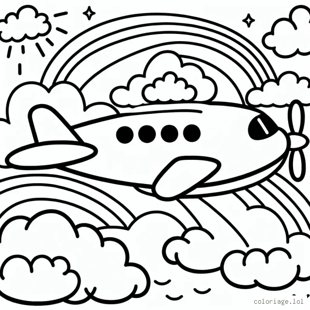dessine un avion en plein vol au-dessus des nuages avec un arc-en-ciel à l'arrière-plan