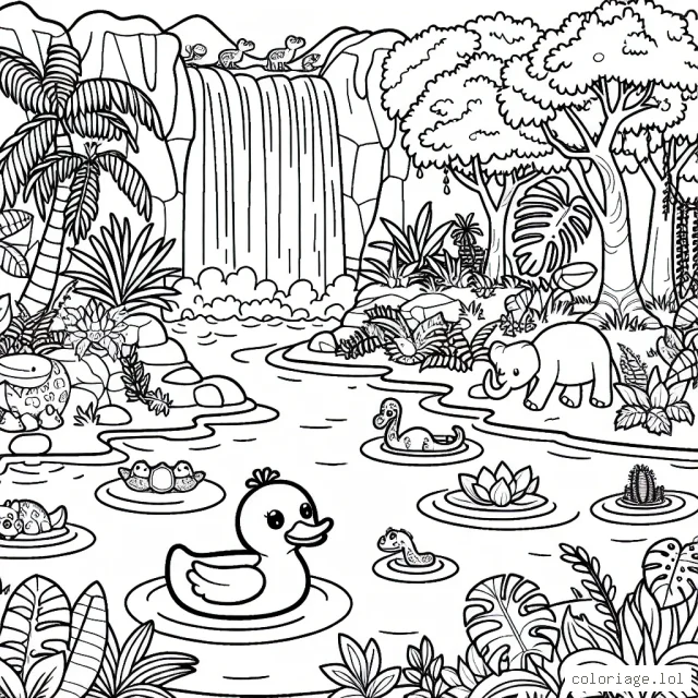 Un petit canard en caoutchouc navigue dans une grande mare de la jungle, entouré par une abondance de plantes exotiques, d'animaux curieux et de la majestueuse chute d'eau.