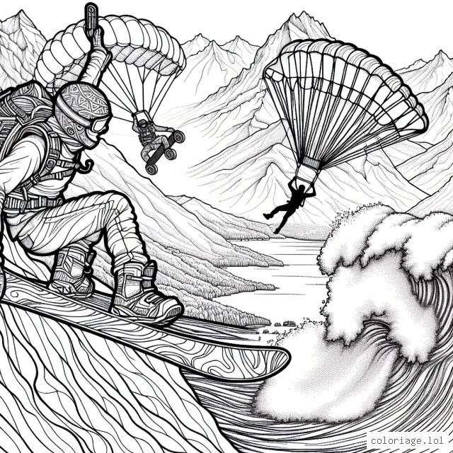 Imaginez une scène palpitante de sports extrêmes. Au premier plan, prêt à se lancer du sommet d'une montagne, un snowboardeur audacieux. En arrière-plan, un parachutiste est en pleine descente, tandis qu'un surfeur dévale une immense vague. Attachez-vous bien et mettez de la couleur dans ces exploits sportifs!