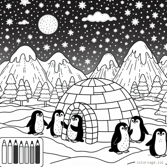Un groupe de pingouins construisant un igloo sous un ciel étoilé boréal