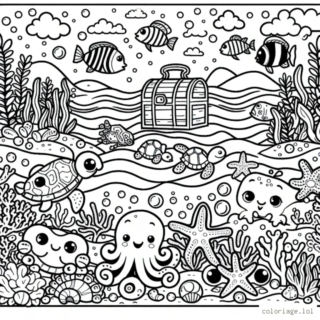 Imagine un paysage sous-marin avec des créatures marines fascinantes et un trésor caché.