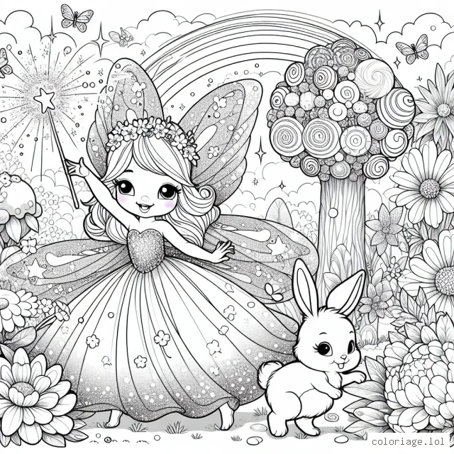 Dans un royaume enchanté, une petite fée vêtue d'une robe scintillante vole au milieu des fleurs géantes. Elle tient une baguette magique qui crépite d'étincelles multicolores. Son compagnon fidèle, un petit lapin blanc aux yeux brillants, la suit partout. Ensemble, ils découvrent un arbre mystérieux entièrement fait de bonbons et de sucreries. Derrière eux, on peut voir un arc-en-ciel qui traverse le ciel. Remplis cette scène de couleurs merveilleuses pour lui donner vie.