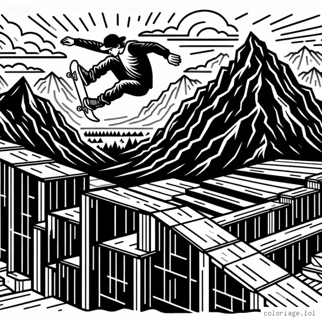 Un skateur fait une incroyable figure aérienne sur une rampe géante, entouré de montagnes et d'un ciel orageux.