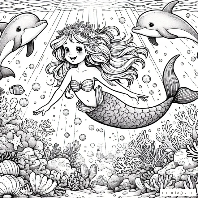 La petite sirène nage avec ses amis dauphins dans l'océan bleu profond, entourée d'une variété de créatures marines colorées et de magnifiques récifs coralliens. La scène est illuminée par le soleil qui perce l'eau de l'océan. La petite sirène est joyeuse, elle s’amuse avec ses amis les dauphins tout en explorant le monde sous-marin mystique.