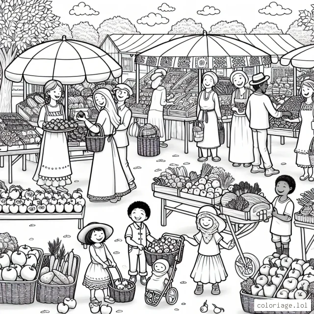 Une scène joyeuse d'un marché de fermiers avec de nombreux stands de fruits, légumes, miel et pain frais.