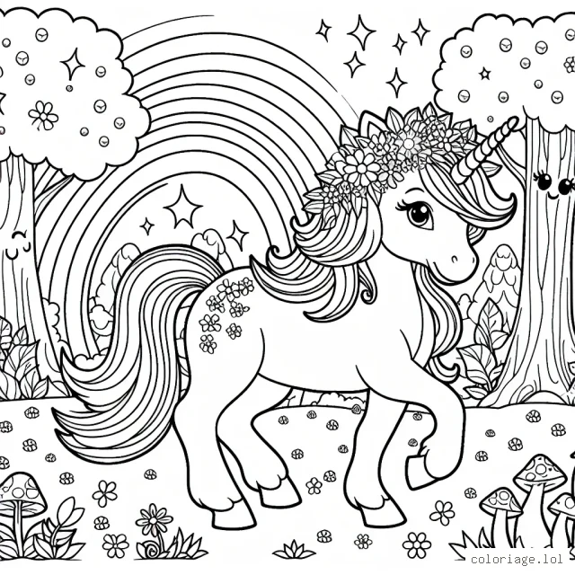 Dans une magnifique forêt féerique, un superbe licorne gracieuse et majestueuse se promène sur un tapis de feuilles. La jolie licorne porte une couronne de fleurs aux couleurs joyeuses sur sa tête. Au loin, un grand arc-en-ciel colore le ciel de la forêt. Sur les côtés, des arbres enchantés avec des visages souriants et des champignons aux formes amusantes complètent cette scène.