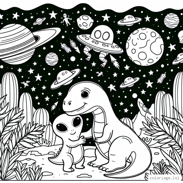 Imagine un monde fantastique où des dinosaures cohabitent paisiblement avec des extra-terrestres sur une planète exotique. Ton défi est de colorier cette scène inoubliable en ajoutant autant de couleurs que tu peux!
