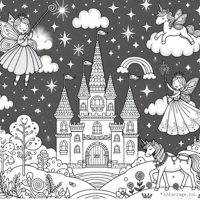 Tu te trouves dans un royaume de licornes pétillantes et de petites fées lumineuses. Il y a une belle princesse tenant un sceptre magique à côté d'un château de sucre d'orge sur un nuage rose. Elle est en compagnie de son amie, une licorne aux ailes de papillon, et d'une fée avec une baguette scintillante. Tu peux voir un arc-en-ciel chatoyant dans le ciel, des étoiles brillantes et une lune souriante. Tout est calme et merveilleux. Utilise tes plus belles couleurs pour donner vie à ce magnifique tableau féérique.