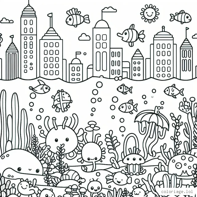 Un paysage ludique d'une ville sous-marine animée avec des créatures marines diverses et amusantes