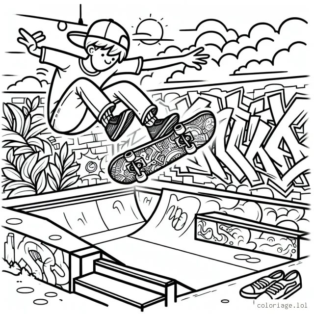 Dessine un skateur effectuant un saut spectaculaire dans un skatepark urbain, avec des graffitis sur les murs