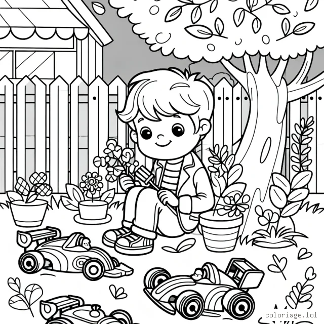 Un petit garçon joue avec ses voitures de course colorées dans son jardin