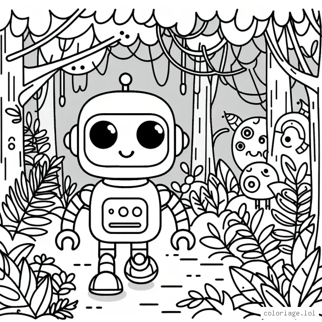 Un robot amical parcourant une jungle mystérieuse, peuplée de créatures magiques.