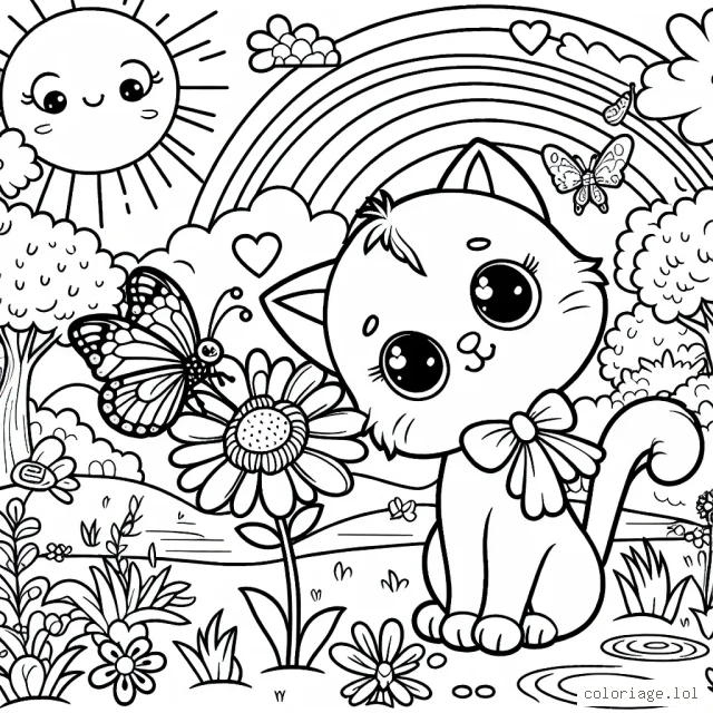 Un petit chat curieux observe un papillon coloré posé sur une belle fleur, tandis qu'un soleil souriant brille dans le ciel. Autour d'eux, des arbres luxuriants, un étang paisible peuplé de poissons joyeux, et un arc-en-ciel vibrant complètent le paysage.
