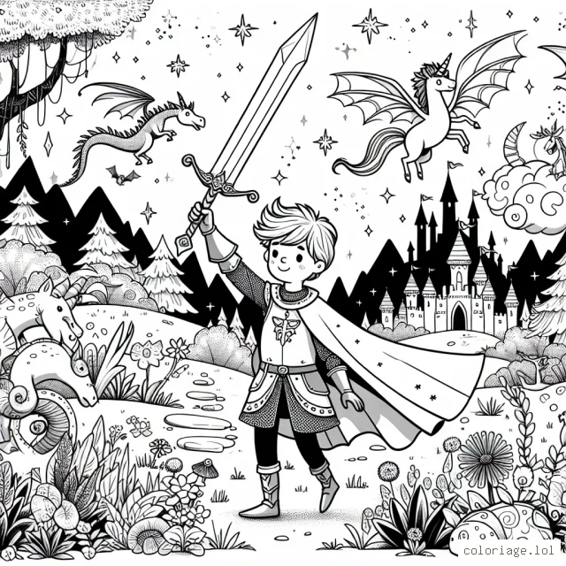 Un charmant prince chevalier téméraire traverse un paysage magique, peuplé de créatures mystiques telles que des dragons, des fées, des licornes et des trolls. Il brandit son épée brillante, prêt à défier tous les obstacles qui barrent son chemin vers le château au loin.