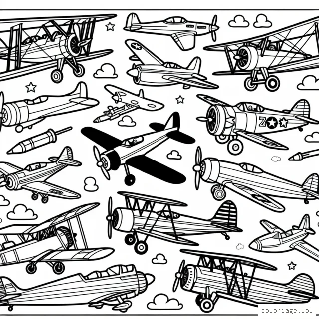 Un dessin à colorier représentant un spectacle aérien animé par plusieurs avions de différents types et époques.