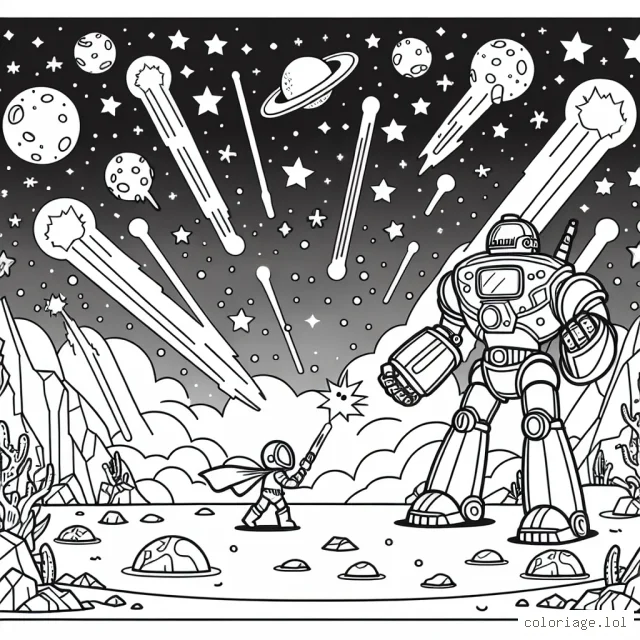 À quelle couleur pensez-vous lorsque vous imaginez un superhéros de l'espace, combattant un robot géant sur une planète lointaine, entouré d'étoiles brillantes et de météores colorées ? Fais preuve de créativité et laisse-toi guider par ton imagination pour colorier cette scène épique!