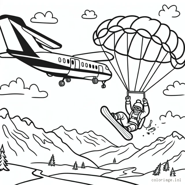 Dessine un parachutiste faisant une descente en chute libre depuis un avion, survolant une chaîne de montagnes enneigées avec un snowboarder en plein saut périlleux