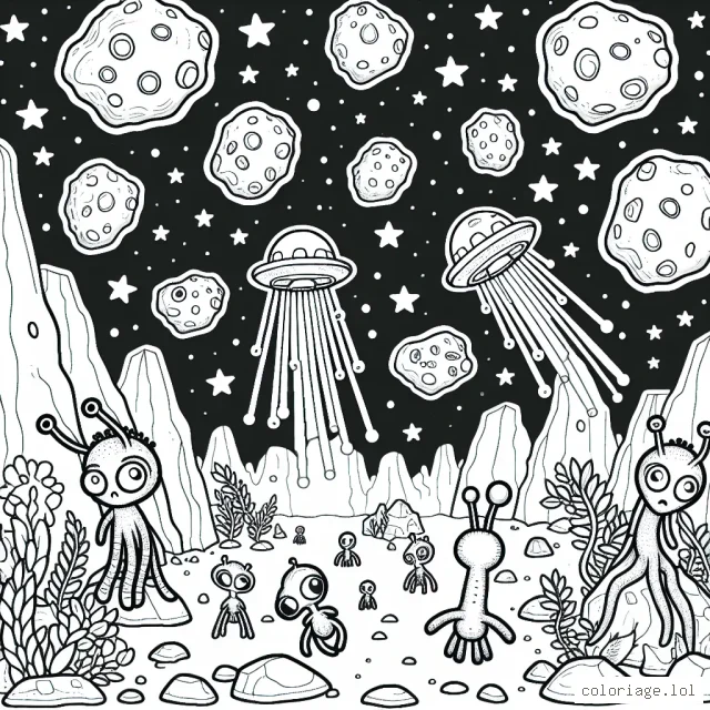 Dessine une galaxie lointaine où vivent des créatures extraterrestres colorées jouant à cache-cache dans un champ d'astéroïdes lumineux !