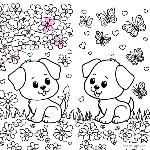 Un petit chiot mignon dans une prairie fleurie avec des papillons colorés