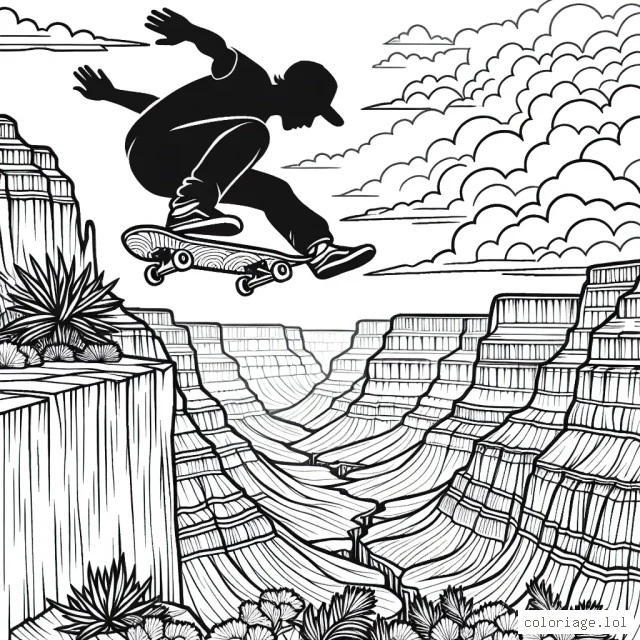 Dessine un skateboarder professionnel qui fait un saut incroyable par-dessus un grand canyon, avec des montagnes en arrière-plan et un coucher de soleil spectaculaire.