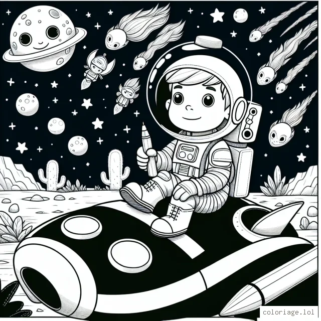 Un jeune astronaute courageux voyageant dans l'espace avec sa fusée vers une planète lointaine peuplée de créatures extraterrestres amicales