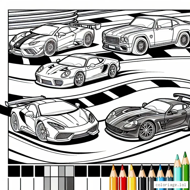 Un circuit de course avec différentes sortes de voitures. Chaque voiture représente une marque populaire. Il y a une Ferrari rouge, une Bugatti bleue, une Mercedes grise, une Lamborghini jaune et une Porsche verte.