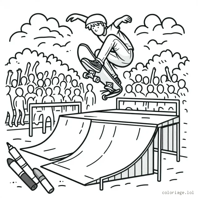 Dessine un skateboarder exécutant un trick aérien impressionnant dans un half-pipe, avec un public captivé en arrière-plan.
