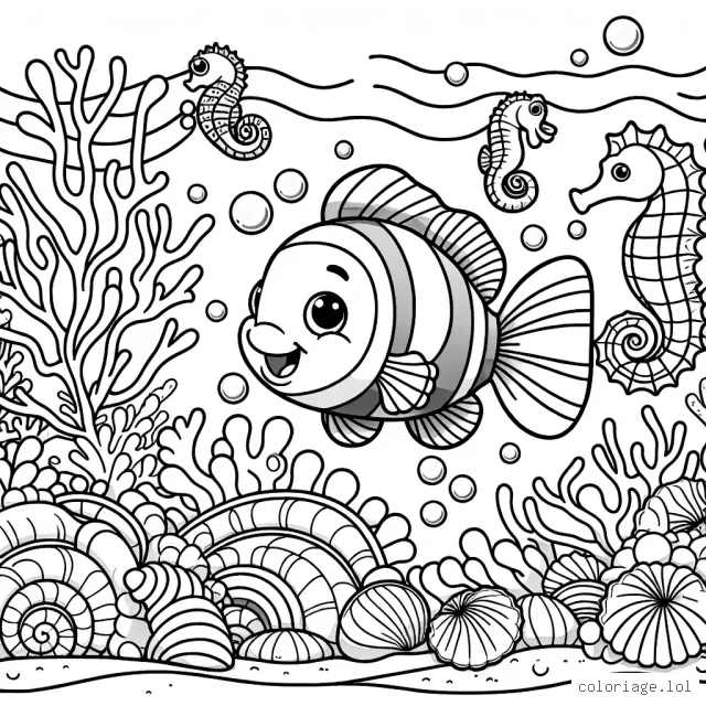 Imagine un petit poisson clown qui nage joyeusement avec ses amis les hippocampes dans un splendide récif corallien aux mille couleurs. De nombreuses coquilles d'escargots de mer ornent les fonds marins. Il y a aussi des bulles d'air qui montent vers la surface depuis les profondeurs du récif.