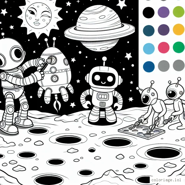 Un petit robot répare une fusée spatiale sur une planète lointaine parsemée de cratères avec des extraterrestres amicaux qui l'aident.