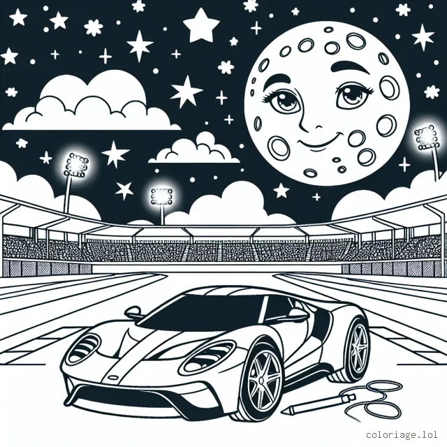 Dessine une voiture de sport furtive sous un ciel étoilé avec une grande lune, sur une piste de course illuminée. Décore également l'arrière-plan avec des gradins remplis de spectateurs et des projecteurs brillants.
