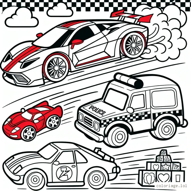 Dessine une course palpitante entre une voiture de sport rouge flamboyant, une voiture de police bleue électrique et une camionnette verte remplie de jouets.