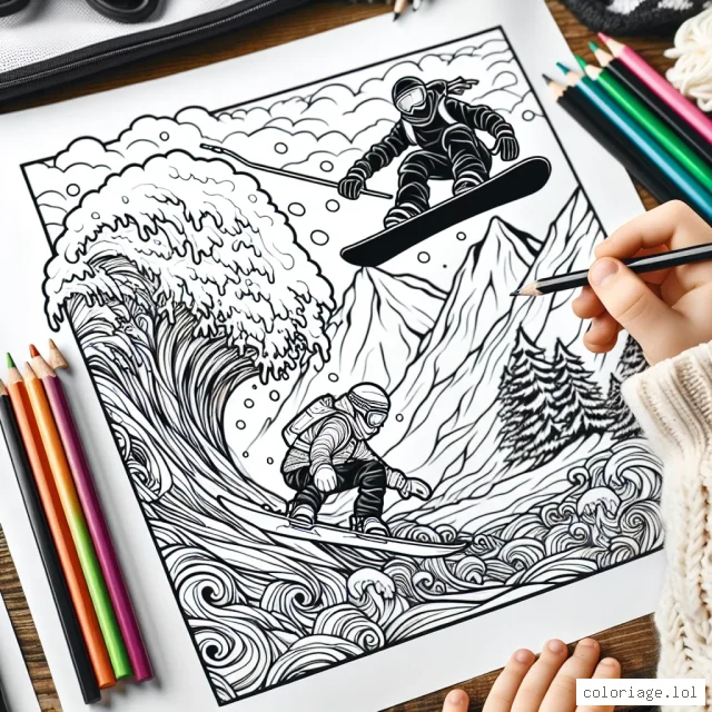 Sur cette page de coloriage, tu découvriras différentes disciplines de sports extrêmes à travers des scènes incroyablement détaillées. As-tu déjà vu un snowboarder dévaler une pente de neige ou un surfeur dominer une vague gigantesque ? À toi de leur donner vie avec tes couleurs préférées !