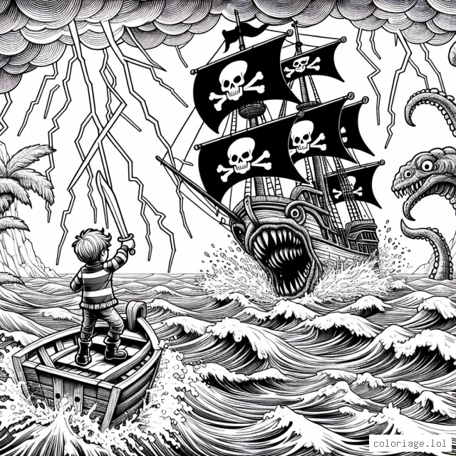 Un petit garçon brave et aventurier navigue sur un grand bateau pirate dans un océan déchaîné. Les vagues sont gigantesques et le ciel est parcouru d'éclairs lumineux qui illuminent la scène. Le jeune capitaine, armé de son épée, fait face à un monstre marin qui surgit de l'eau, dévoilant ses tentacules effrayants. Posté sur le pont du bateau, il est prêt à défendre son équipage et son navire contre cette créature des profondeurs. Le drapeau de pirate, avec son célèbre crâne et ses os croisés, flotte fièrement au sommet du mât, indiquant que ces marins ne reculeront devant rien.