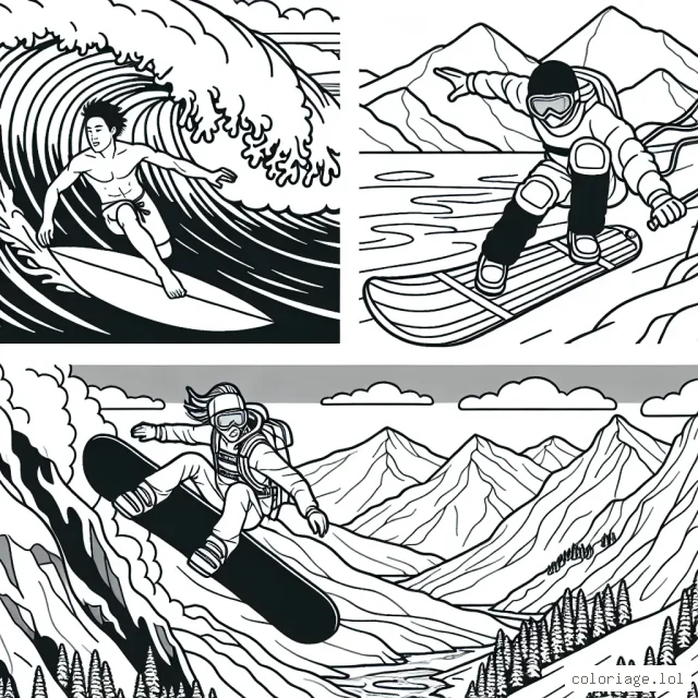 Dessine un surfeur en pleine action sur une vague géante, un snowboarder descendre une montagne enneigée et un base jumper sautant d'une falaise.