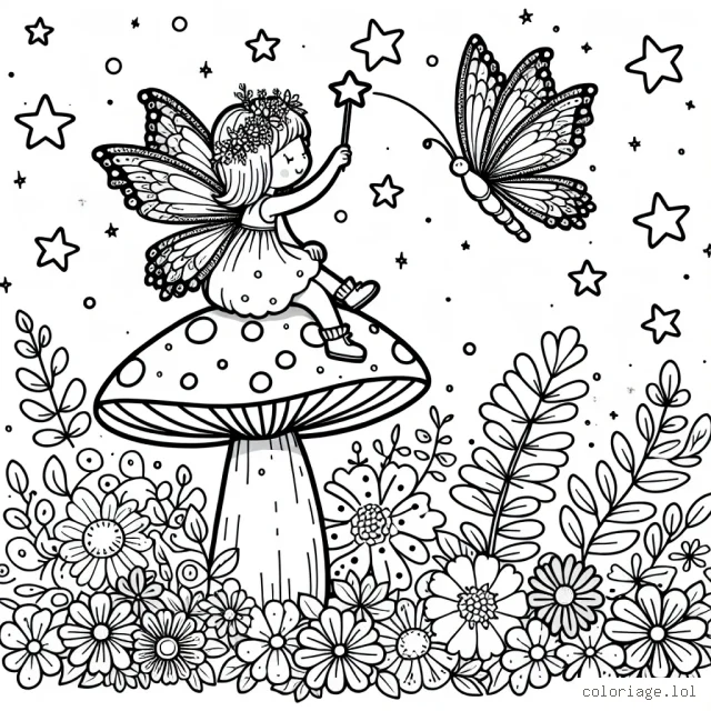 Dans une forêt enchantée, une petite fée virevolte au milieu des fleurs colorées. Elle s'assoit sur un grand champignon et fait un vœu à une étoile filante.