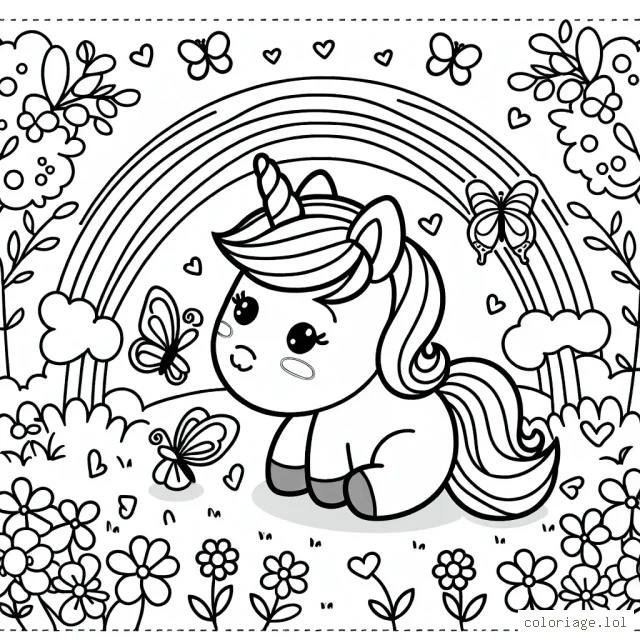 Dessine une licorne arc-en-ciel jouant avec des papillons dans un jardin fleuri au cœur d'un royaume enchanteur