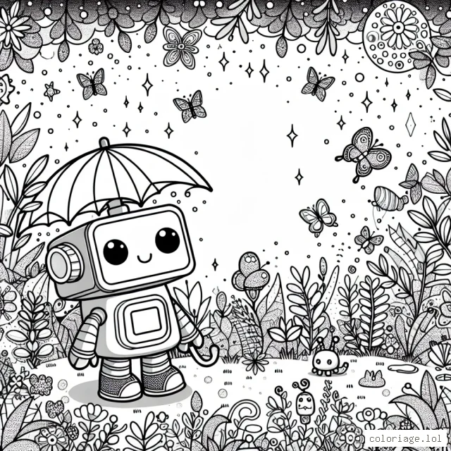 Un petit robot amical, tenant un parapluie, se promène dans un jardin magique rempli de plantes exotiques, de papillons étincelants et de petits animaux mignons.