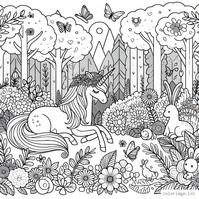 Draw a magical unicorn in a forest filled with beautiful flowers and cute animals