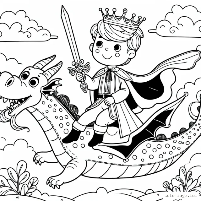 Une image de petit prince avec son épée, sa couronne, sur son fidèle dragon volant au-dessus de son royaume enchanté.