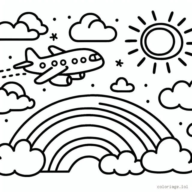Des avions volants dans le ciel lumineux avec multiples formes de nuages, un soleil brillant et un arc-en-ciel dans le fond.
