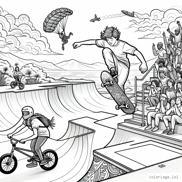 Dans ce dessin, un jeune homme fait du skateboard dans un parc à roulettes extrême, rempli de rampes élevées et de tubes. Il se prépare à réaliser un saut impressionnant, ses amis l'encouragent en arrière-plan. À gauche, une fille s'apprête à descendre une pente raide avec son vélo BMX, tandis que, dans le ciel, le saut audacieux d'un parachutiste est visible. À droite, un surfeur surfe sur une vague massive.