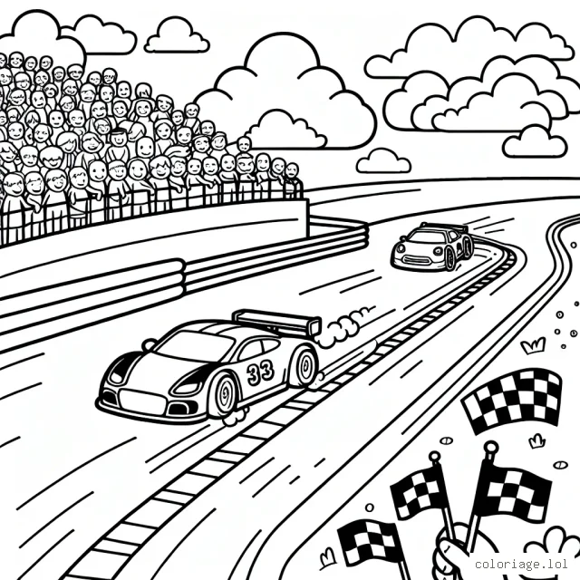 Dessine une voiture de course rapide dans la ligne droite d'un circuit, avec une foule de supporters à l'arrière-plan et d'autres voitures suivant de près.